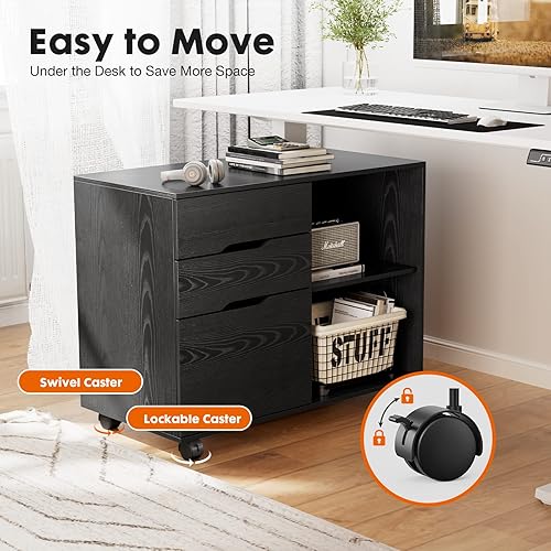 Miniatura 5 de NEWBULIG Archivador móvil de 3 cajones, archivador lateral de madera, soporte de impresora con estantes de almacenamiento ajustables abiertos y