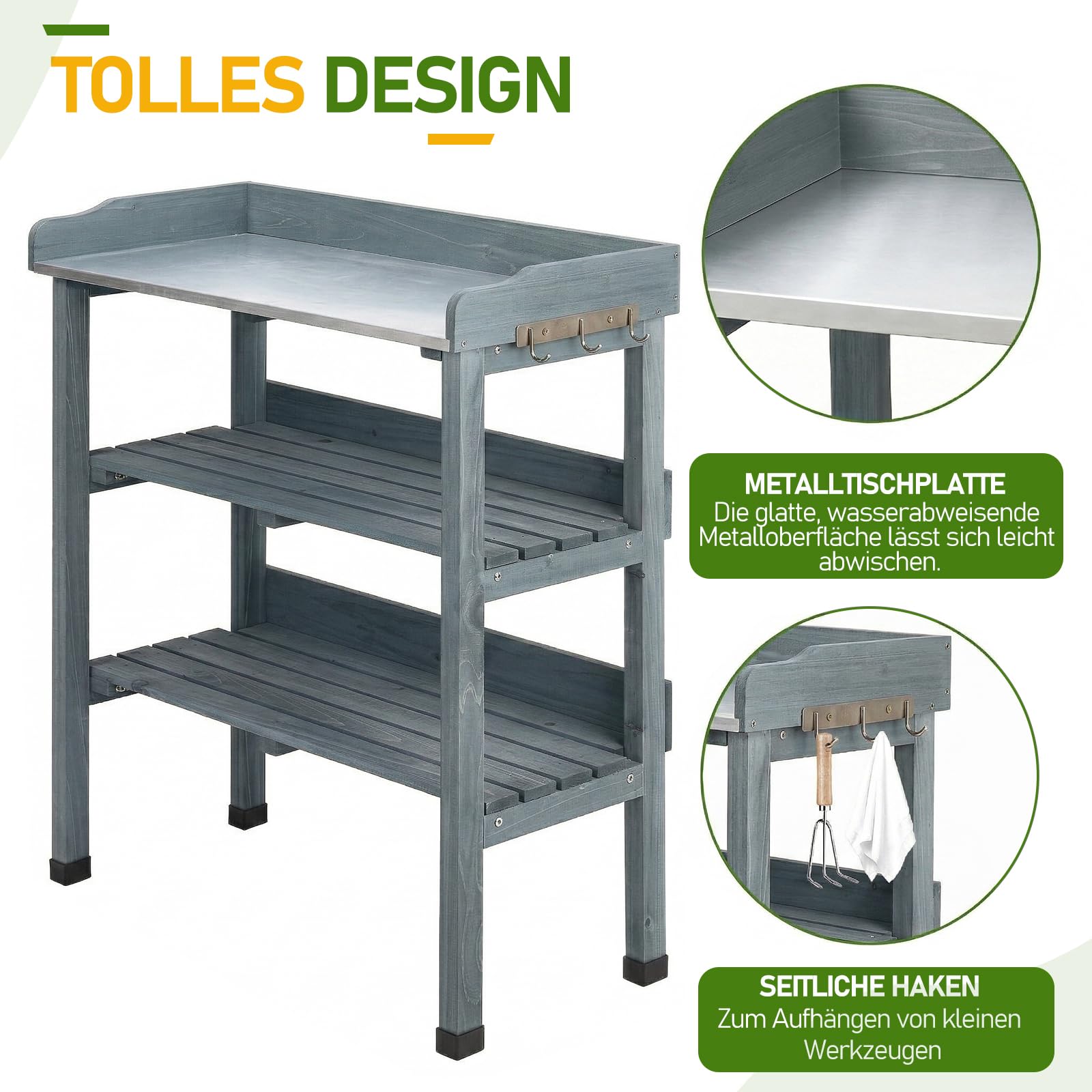 LEADZM Pflanztisch Outdoor wetterfest 74 x 36 x 90 cm - Verzinkte Arbeitsplatte, zweistufiges Regal und 3 Haken, pflanztisch für Garten/Balkon/Terrasse (Grau)