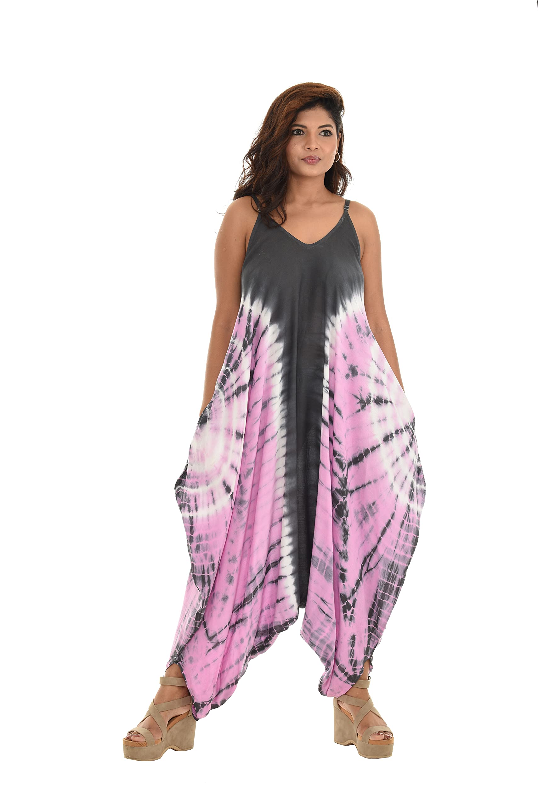shoreline marine Shoreline Tie Dye Harem V Neck Sleeveless Jumpsuit Long Dress with Pockets, Pink-picture-31
