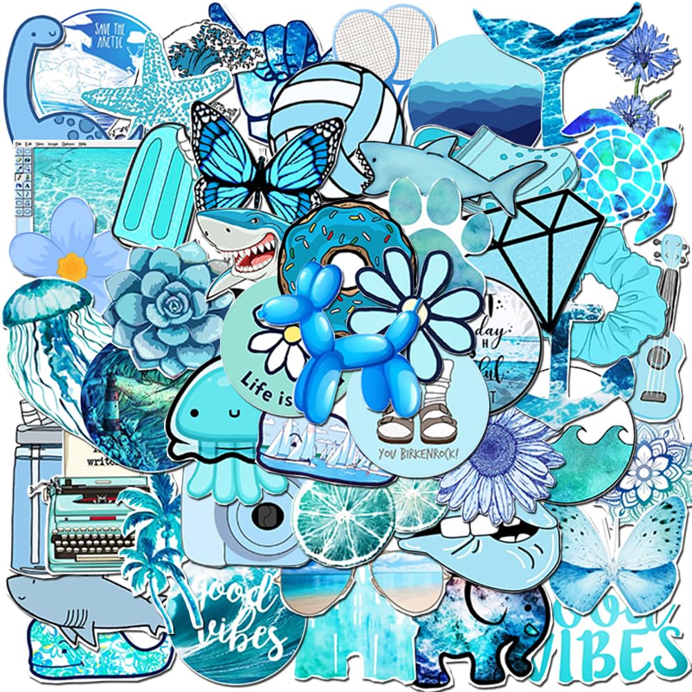 Vinyl Blue Stickers for Teens, 53Pcs Cute Stickers for Water Bottle Laptop Computer Phone Skateboard, Decal for Teens and Adults (Blue)