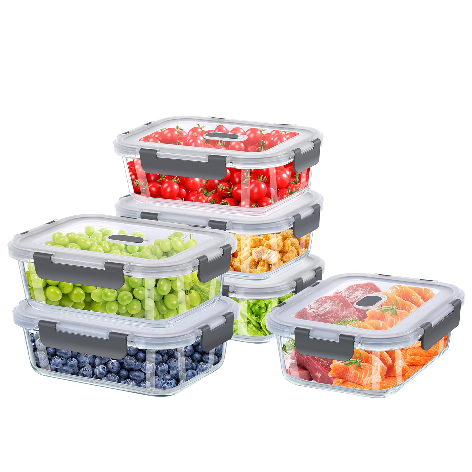 Glasbehälter mit Deckel 12 Stück(6 Behälter + 6 Deckel) - Frischhaltedosen Glas mit Deckel Mikrowellengeschirr Spülmaschinen & Gefrierschrankfreundlich - Meal Prep Boxen Glas Lunchbox