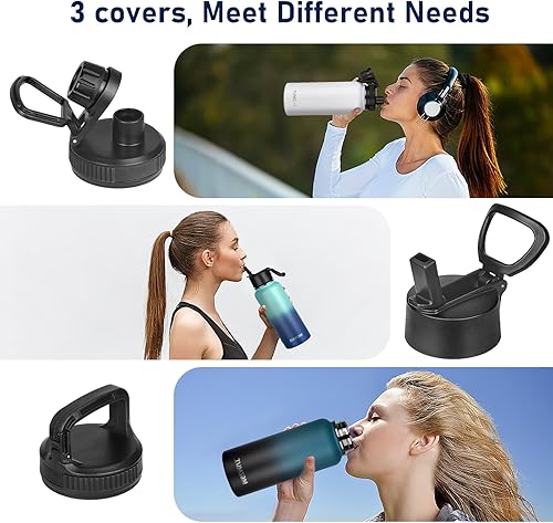 Miniatura 5 de Botella de agua aislada con popote y 3 tapas, botellas de agua de acero inoxidable de 40 onzas, botella de agua deportiva de metal de doble pared,