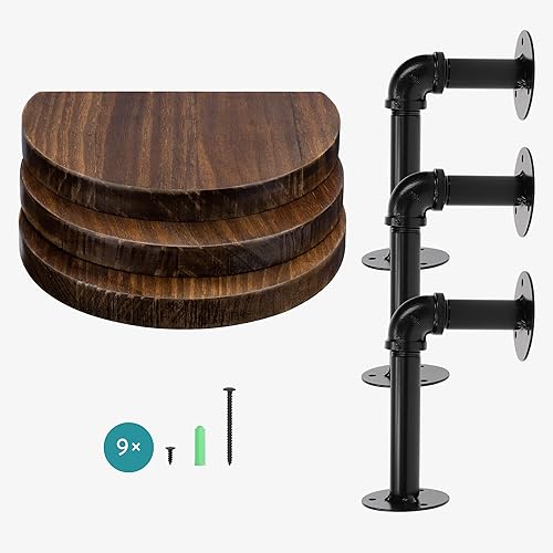 Miniatura 5 de Navaris Juego de estantes industriales de tubería  3 pequeños estantes de madera redondeados con soportes de estante  Estantería de madera montada