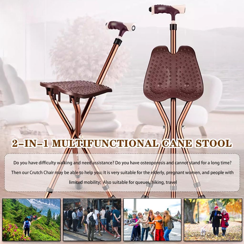Bastón Bastón Extensible Silla con Muleta De Altura Ajustable, Taburete De Caña con Asiento En Forma De Mariposa, Andador Ligero Portátil, con Luz LED(Brown Color)