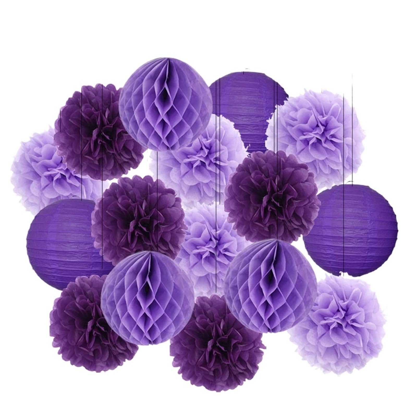 Paper Lanterns Boy Girl Birthday Party Favor Yellow Set Folding Round Paper Lantern Wedding Baptism Decor DIY Tissue Pompom(Purple Set,8inch(20cm))