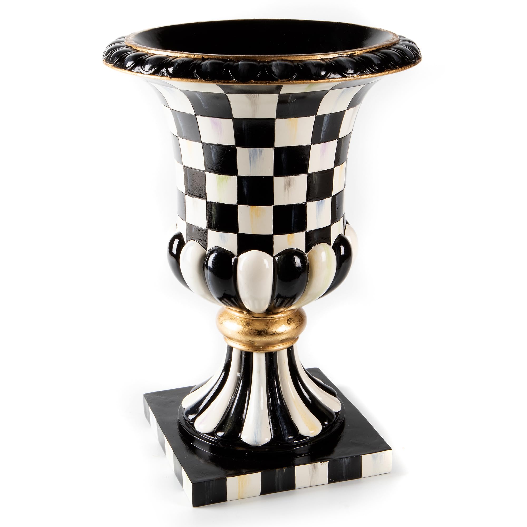 MACKENZIE-CHILDS Pedestal Tabletop Urn, Decorative Centerpiece for Table, Mantel, or Shelf, Tall, Black-and-White Courtly Check