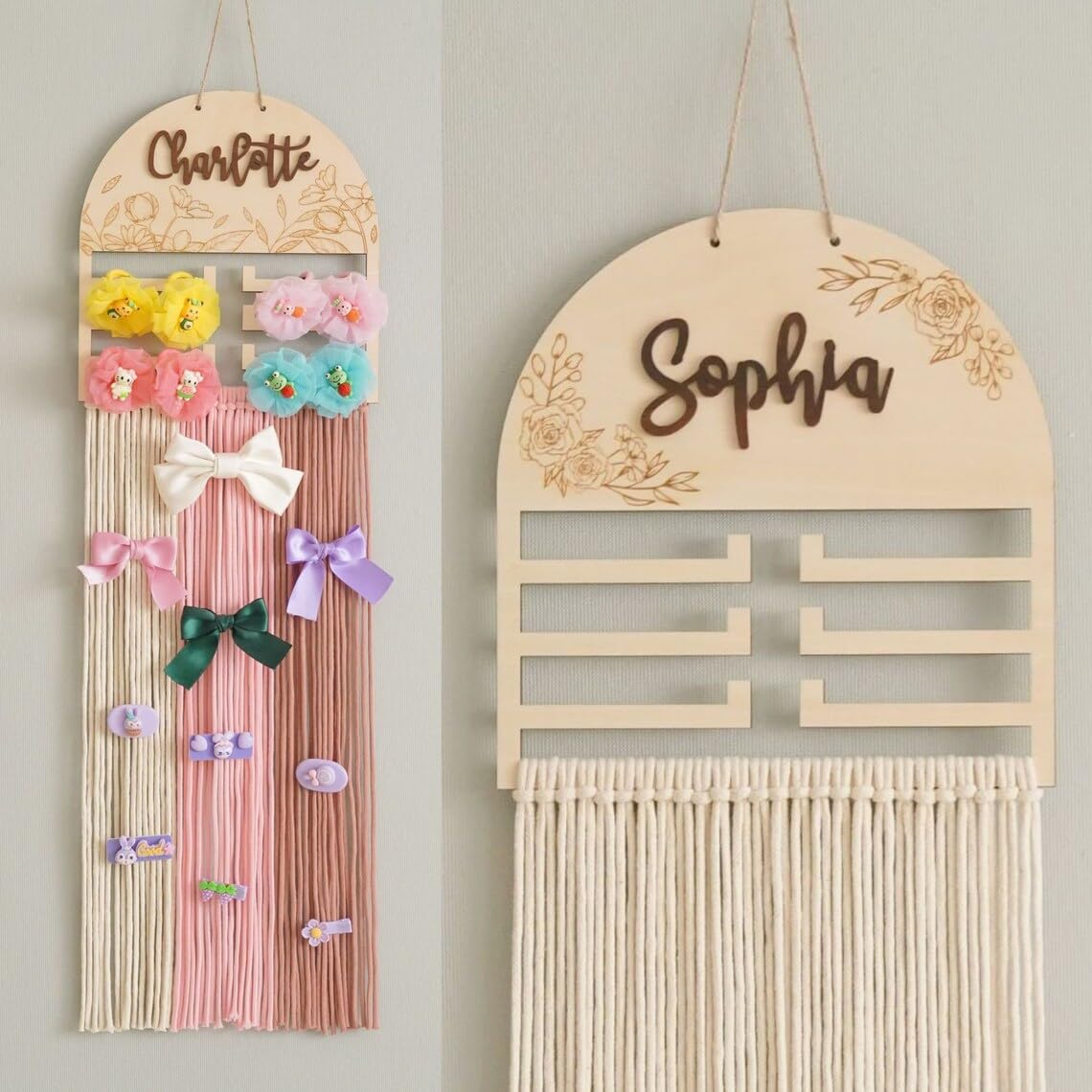 Haoser Wooden Rainbow Bow & Headband Organizer for Baby Girl – Custom Name Wooden Sign – Scrunchies Clip Holder – Boho Nursery Decor – Baby Shower Gift – 27.5 Inch-image-22
