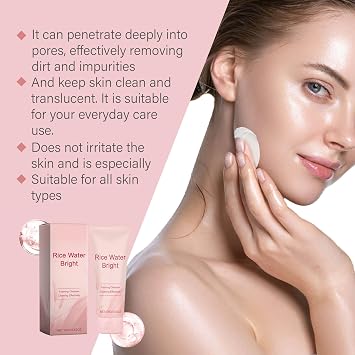 Rice Water Bright Facial Foaming Cleanser, Gentle Hydrating Face Wash with Rice and Vitamin E for Dry Skin, Deeply Cleanse and Moisturizing for Glowing Skin, Pores Purifying, Improve Redness (2pcs)