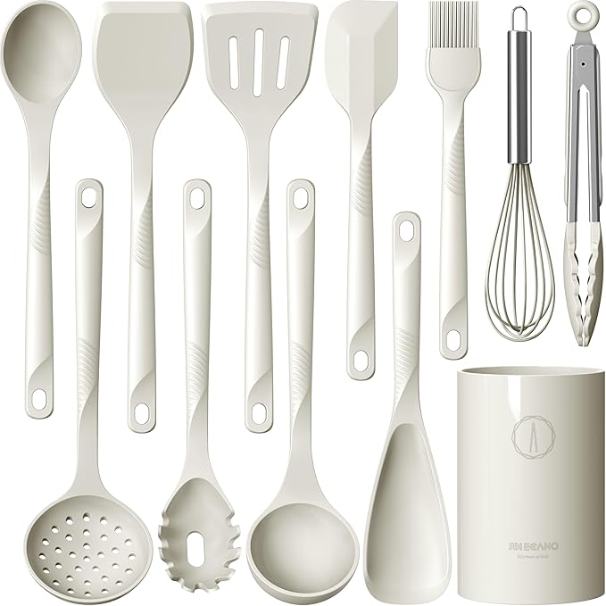 Silicone Cooking Utensils Set - 600°F Heat Resistant, Nonstick Kitchen Utensil Set with Spatulas, Spoons, Whisk, Tongs, BPA Free, Dishwasher Safe, Cream White