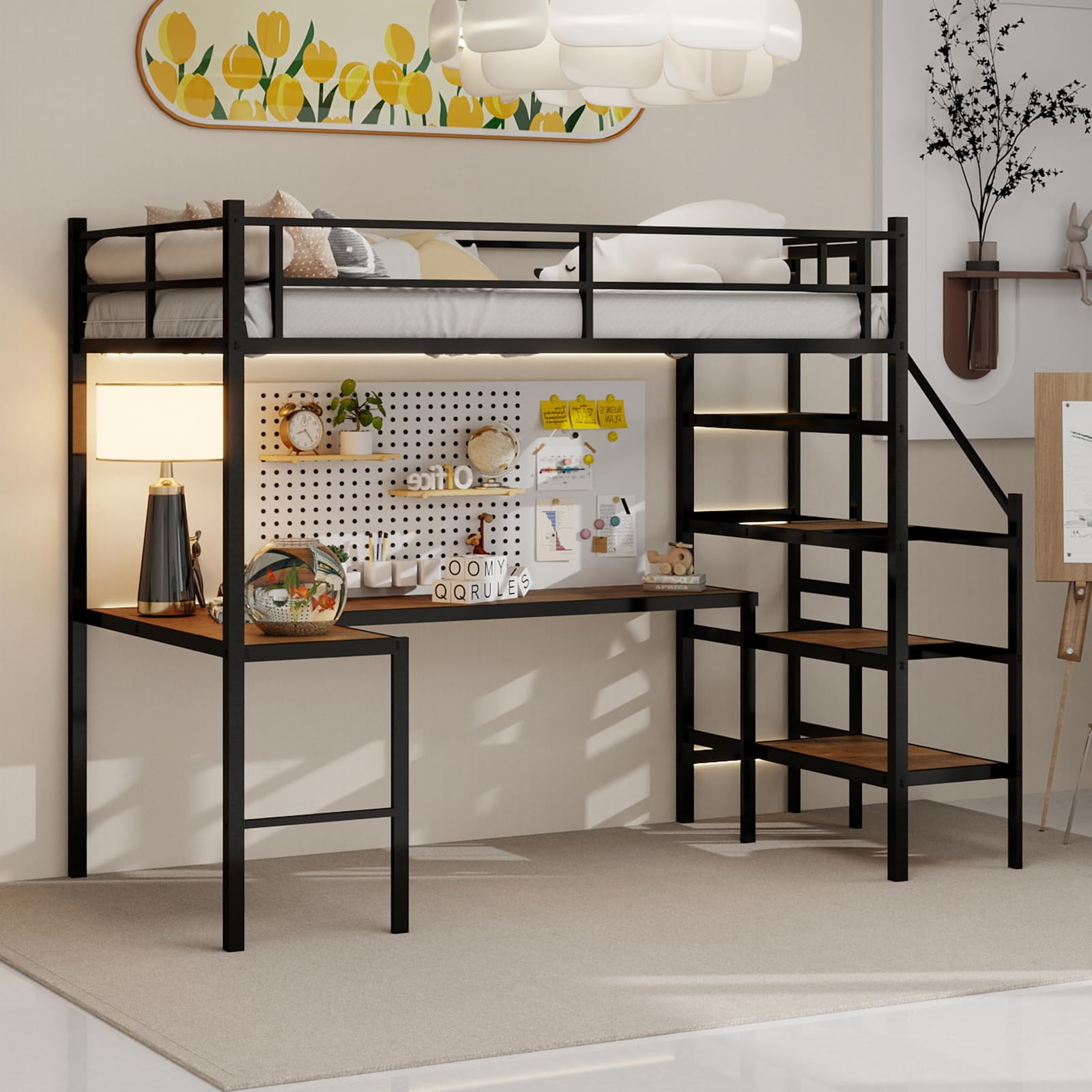 Lit mezzanine 90x190 cm avec bureau sous couchage cadre de lit stable en métal noir