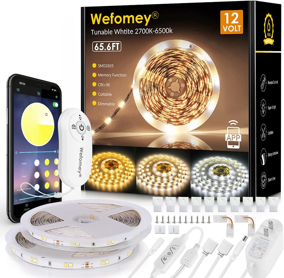 65.6ft Tunable White LED Strip Lights, Dimmable 2700K-6500K 12V LED Tape Light with Remote and APP, Ultra Brighter 1200 LEDs Flexible Light Strips for Room, Ceiling, Kitchen