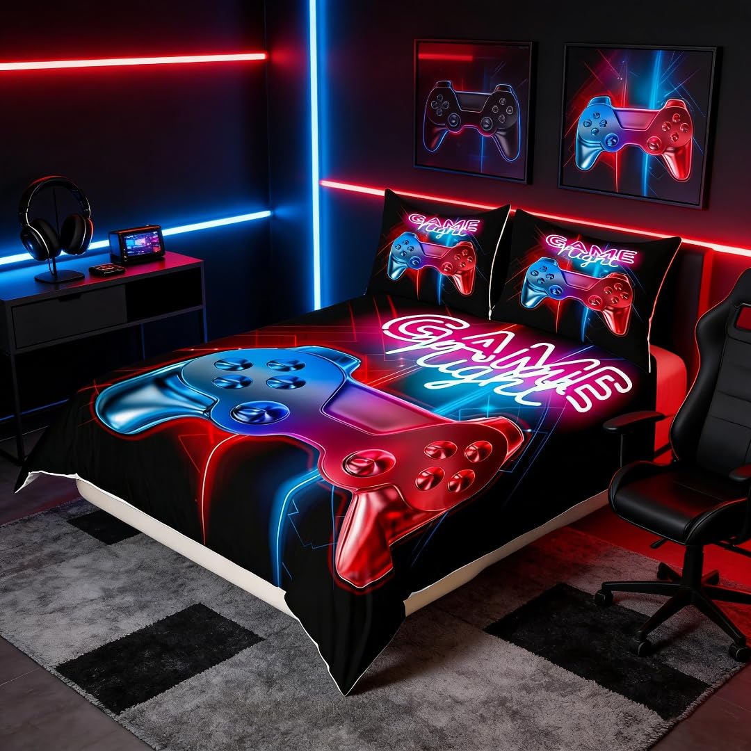 Loussiesd King Gamer bedrucktes Bettdeckenbezug-Set, mehrfarbig, Gamepad, Bettbezug, Videospiel-Controller, luxuriöse Raumdekoration, 3-teiliges Bettwäsche-Set mit 2 Kissenbezügen