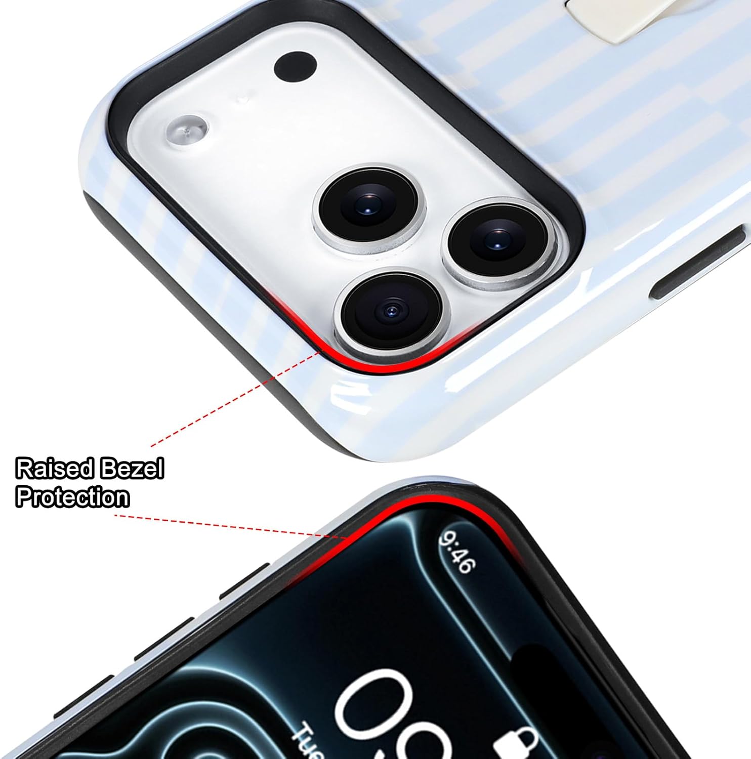 Compatible with iPhone 17 Pro Case with Finger Strap Kickstand, Stylish Chic Striped Phone Case for Women Men, Dual-Layer Shockproof Cover for 17 Pro, White Blue Stripes