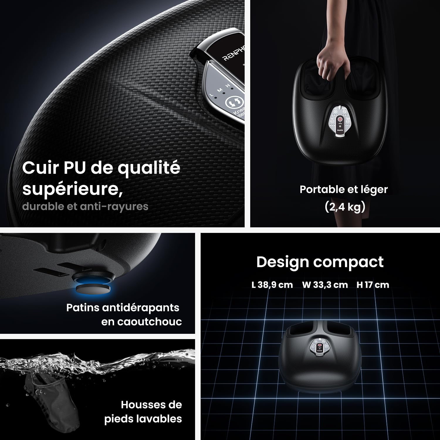 RENPHO Portable Masseur de pieds avec chaleur pour fasciite lantaire, Pétrissage Shiatsu, Compression, Masseur de pieds électrique à 3 intensités, Cadeaux pour hommes femmes