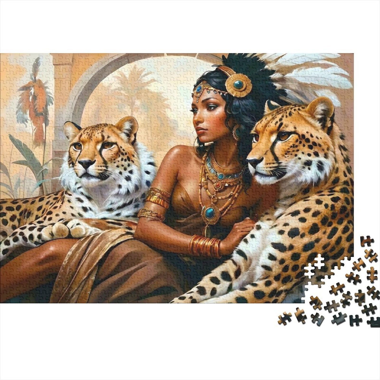 Ancient Queen with Leopards Jigsaw Puzzles Puzzle for Adults Kids. 1000 Piece Whimsical Challenge Toy Educational Game Home Decoration for Educational Games Gifts 52x38cm/1000pcs