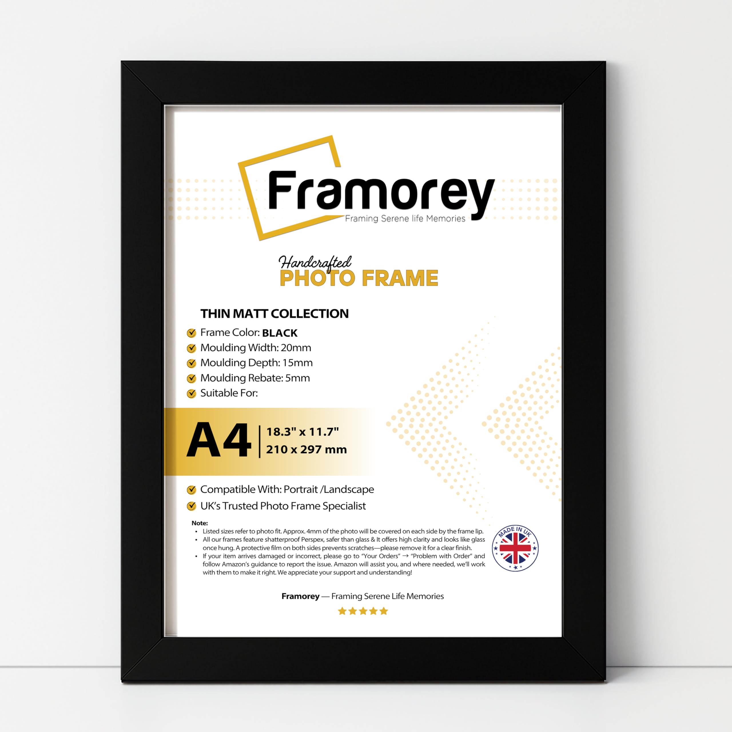FRAMOREY A4 Picture Frame, A4 Wooden Photo Frame, Versatile Black Frame with Safe Perspex Front & Wall Hanging Hooks, 21 x 29.7cm, with Plexiglass, for Tabletop or Wall Hanging