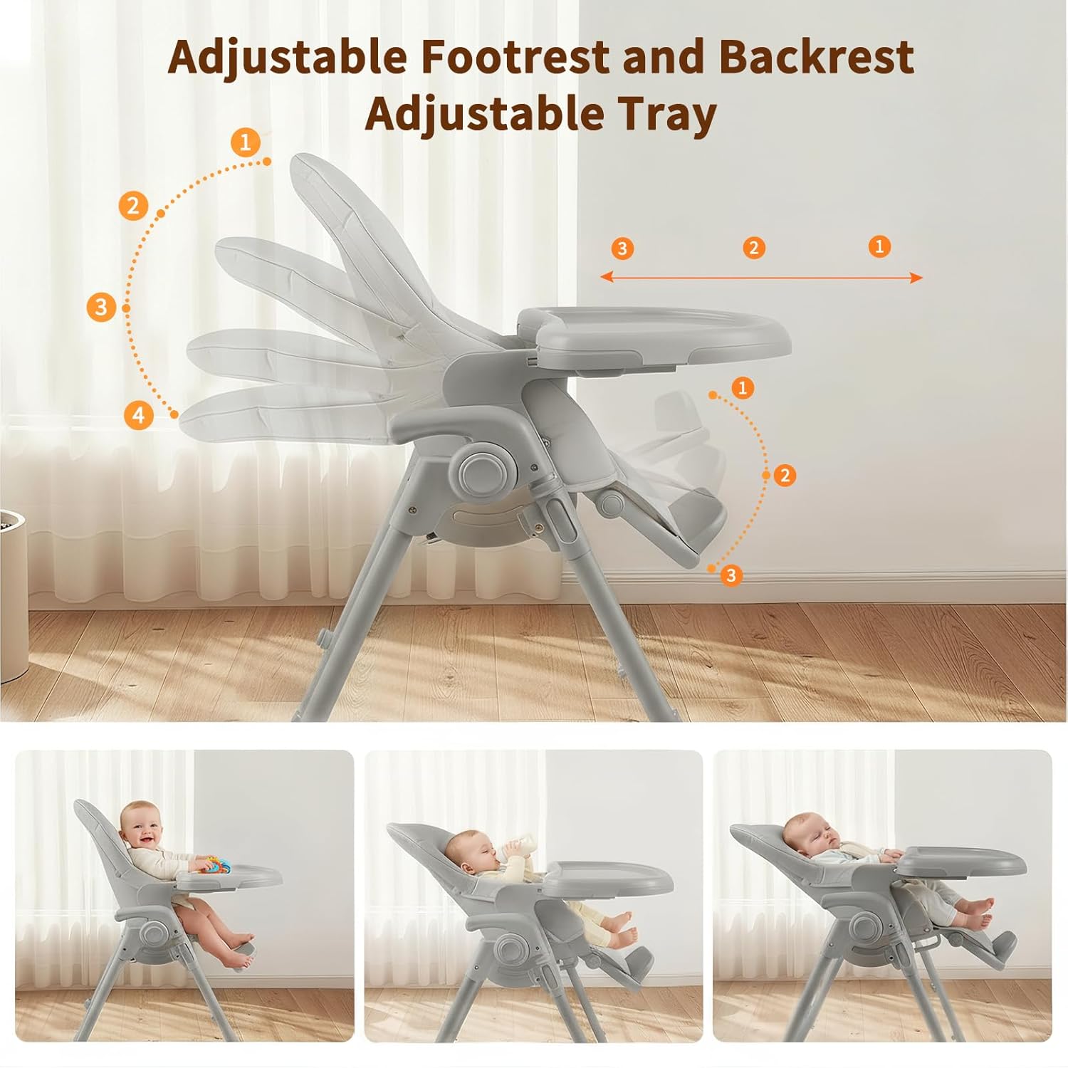 High Chair, Foldable High Chairs for Babies and Toddlers, Adjustable Height, Backrest and Footrest, Removable Tray, Gray