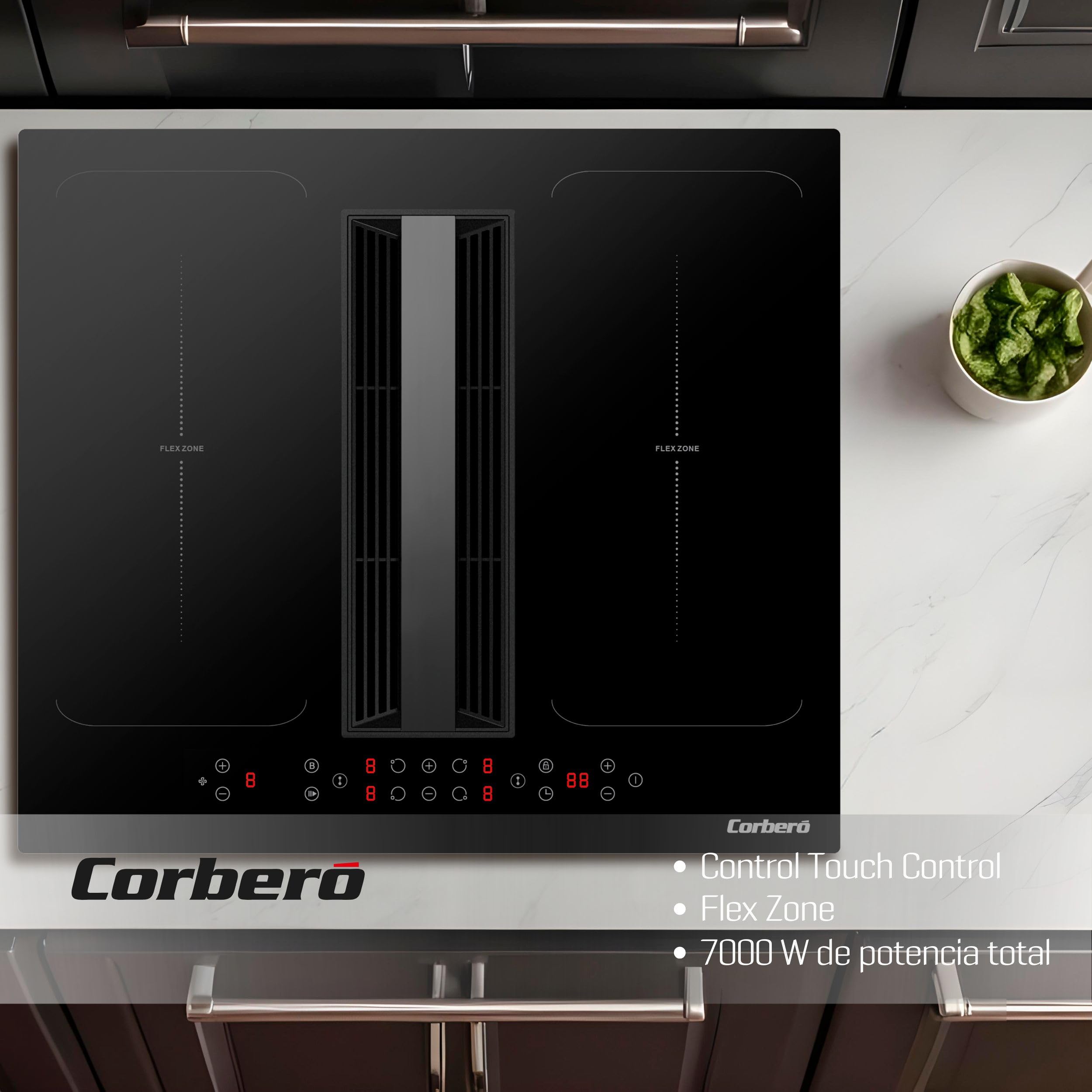 Corberó - Placa Inducción Flexi | 4 Fuegos | 7000 W | Touch Control | Boosters y Temporizador | Campana Integrada | 5 Niveles Extracción 500 m³/h | Presión 600 m³/h | Sistema Plasma+ y Luz UVC | Negro