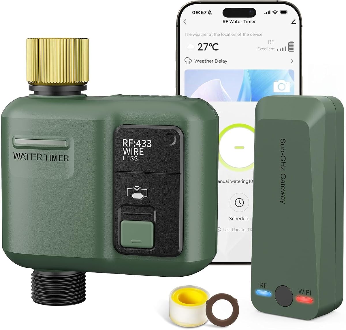 Temporizador de agua WiFi para manguera de jardín, controlador de aspersor inteligente con rango de RF de 984 pies, temporizador de riego inteligente del sistema de riego de césped, control de aplicación/voz, retardo de lluvia, riego manual (entrada de latón)
