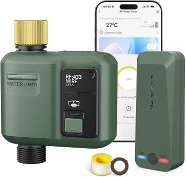 WiFi Water Timer for Garden Hose, Smart Sprinkler Controller with 984ft RF Range, Smart Lawn Watering System Irrigation Timer, APP/Voice Control, Rain Delay, Manual Irrigation Brass Inlet