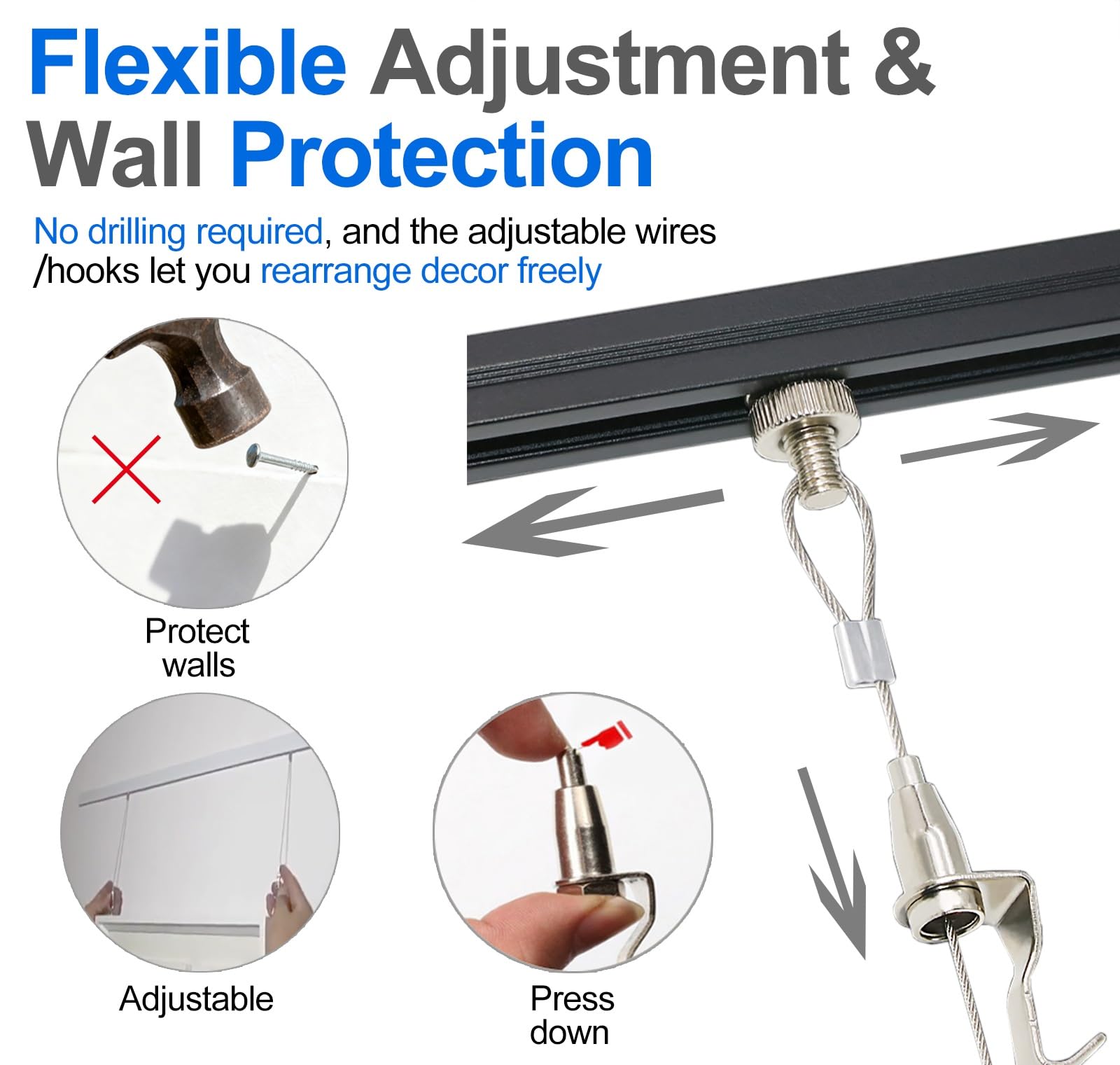 Cimaise Système de suspension de tableaux de 1,5 m, kit de rail décoratif réglable pour galerie, rail d'affichage photo robuste pour bibliothèques(White,4.9 ft/1.5 m cable(3 hooks))