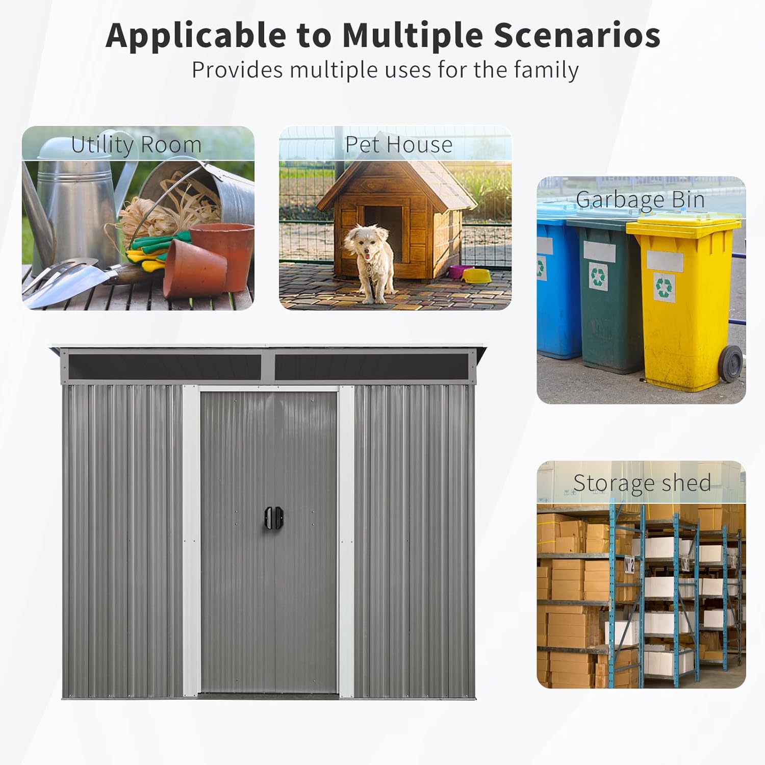 8FT x 6FT Outdoor Metal Storage with Lockable Sliding Doors and Transparent Plate,Waterproof Cabinet w/Ventilation & Foundation,Garden Organizer Tool House for Backyard Patio,Gray