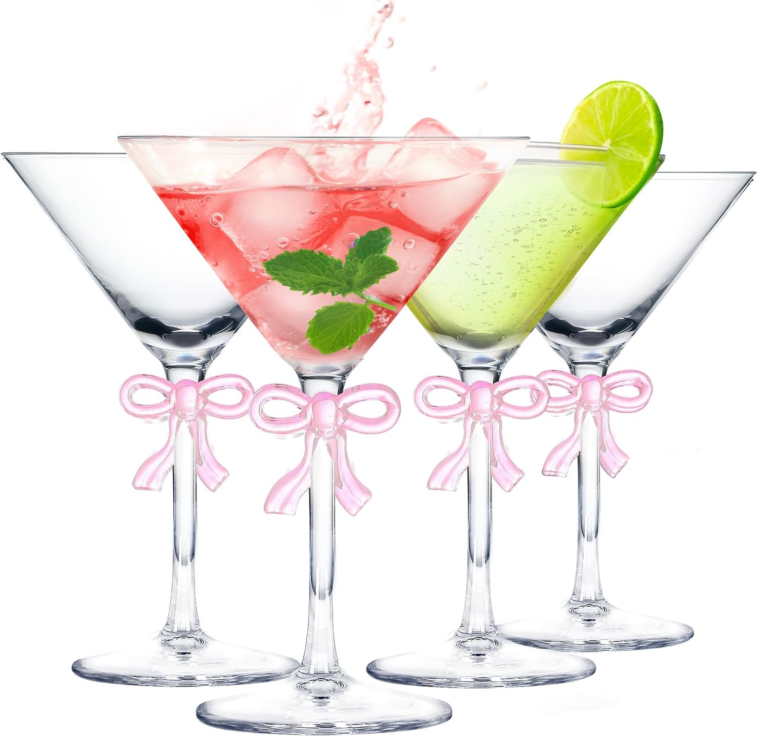 10 Oz Martini Glasses Set of 4,Crystal Cocktail Glasses with Reinforced Stems & Romantic Pink Bow Elegant Espresso Martini Glasses for Party, Work Gatherings, Housewarming,Home Bar