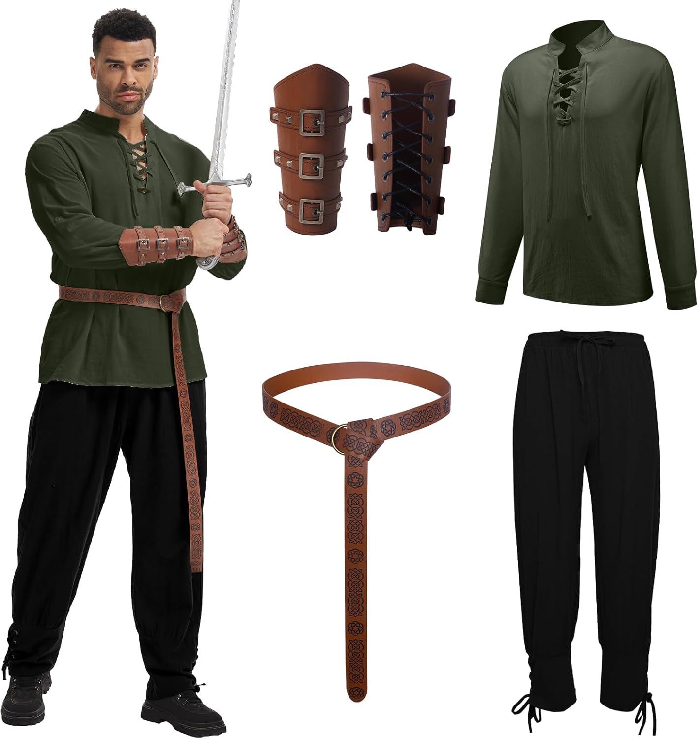 Men's Renaissance Costume Halloween Medieval Pirate Shirt Ankle Banded Pants Viking Belt Accessories