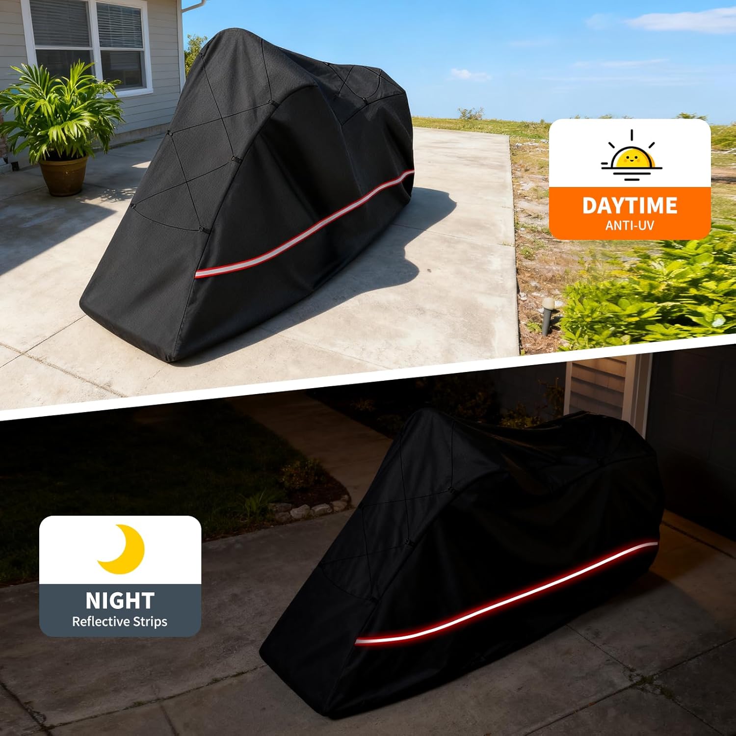 Full Enclosed Motorcycle Cover - Waterproof for Outdoor & Indoor Storage,600D Heavy Duty with Reflective Strips, Fits Scooters & Touring Motorcycles up to Length 108" x 45" x 59" Black