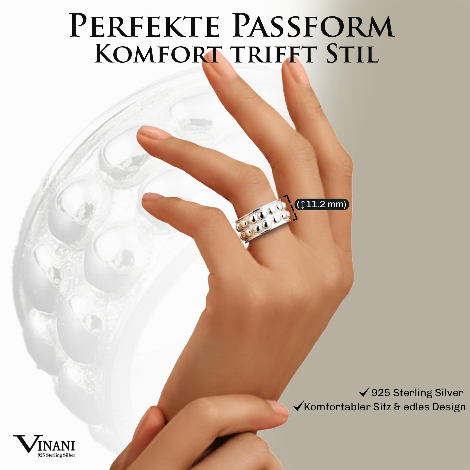 Vinani Damen Ring aus 925 Sterling Silber - Kugelbandring nickelfrei & antiallergisch, zeitloser Silberring, Damen Schmuck Designed in Deutschland, Geschenk für Frauen
