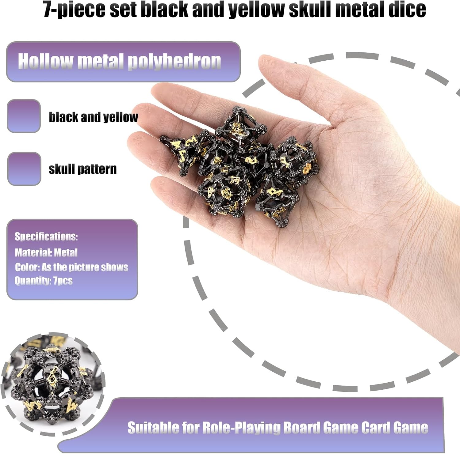 7-Piece Set Black and Yellow Skull Metal Dice, Hollow Polyhedron, Compatible with Role-Playing RPG Board Game Card Game