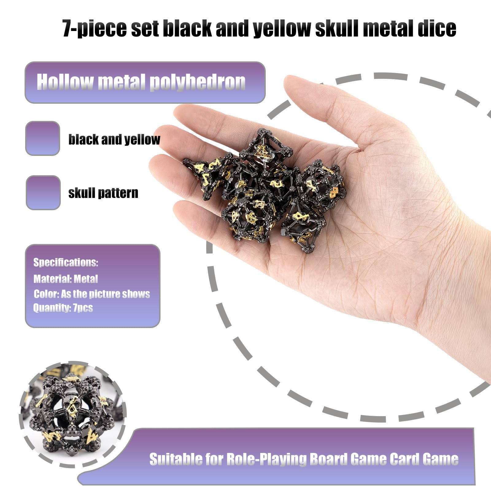 Ensemble de 7 Dés en Métal à Tête de Mort Noire et Jaune, Polyèdres Creux, Compatibles avec Les Jeux de Rôle de Plateau et de Cartes