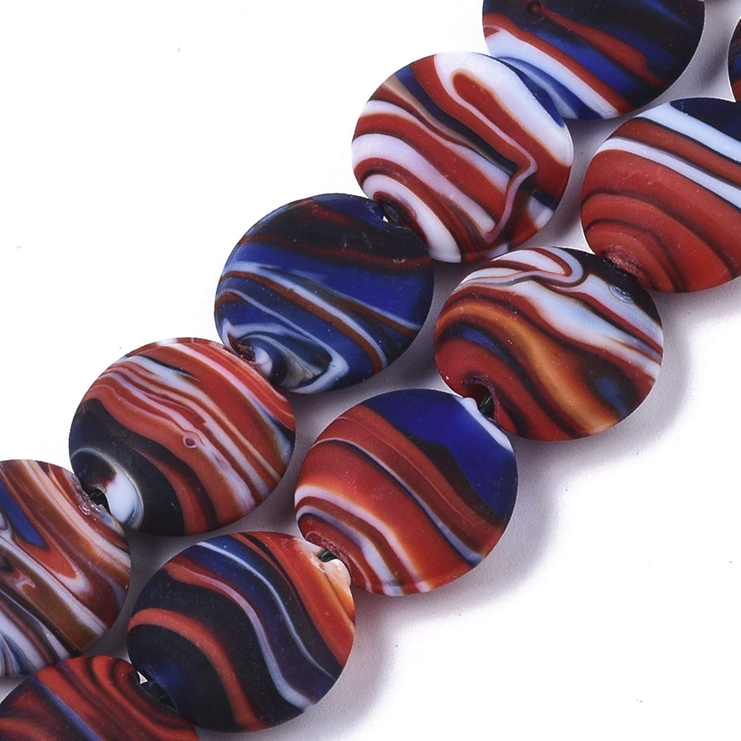 Craftdady 35Pcs Frosted Coin Disc Lampwork Glass Beads Colorful Stripe Flat Round Loose Beads 15-16mm for Jewelry Craft Making