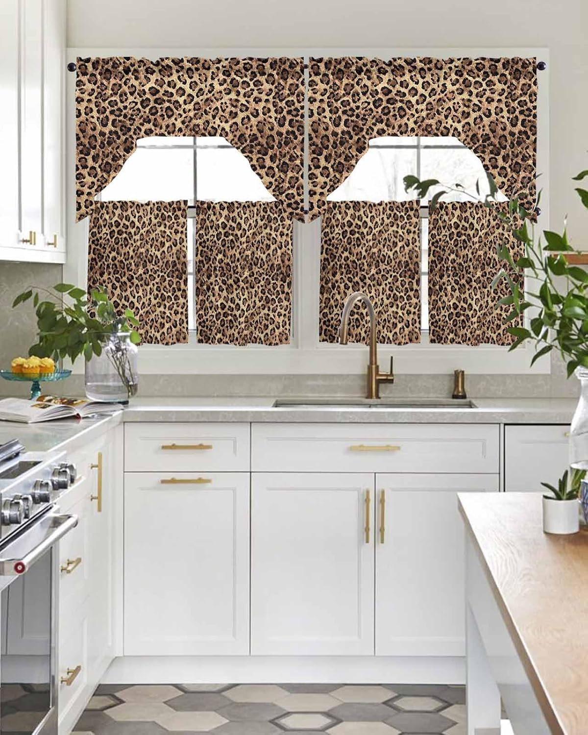 Leopard Printed Kitchen Curtains Sets for Windows 3 Piece, Modern Animals Textured Brown Kitchen Curtains and Valances Tier Set 36 Inch Length Swag Curtain for Living Room Cafe Bathroom Bedroom