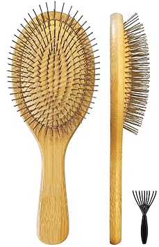 Wooden Paddle Detangling Brush Metal Bristle Hair Brush for Women Men, Anti-frizz Metal Detangler Brush Styling Hairbrush for Curly Fine Wavy Normal Hair, Scalp Massage Brush, Wet or Dry Use