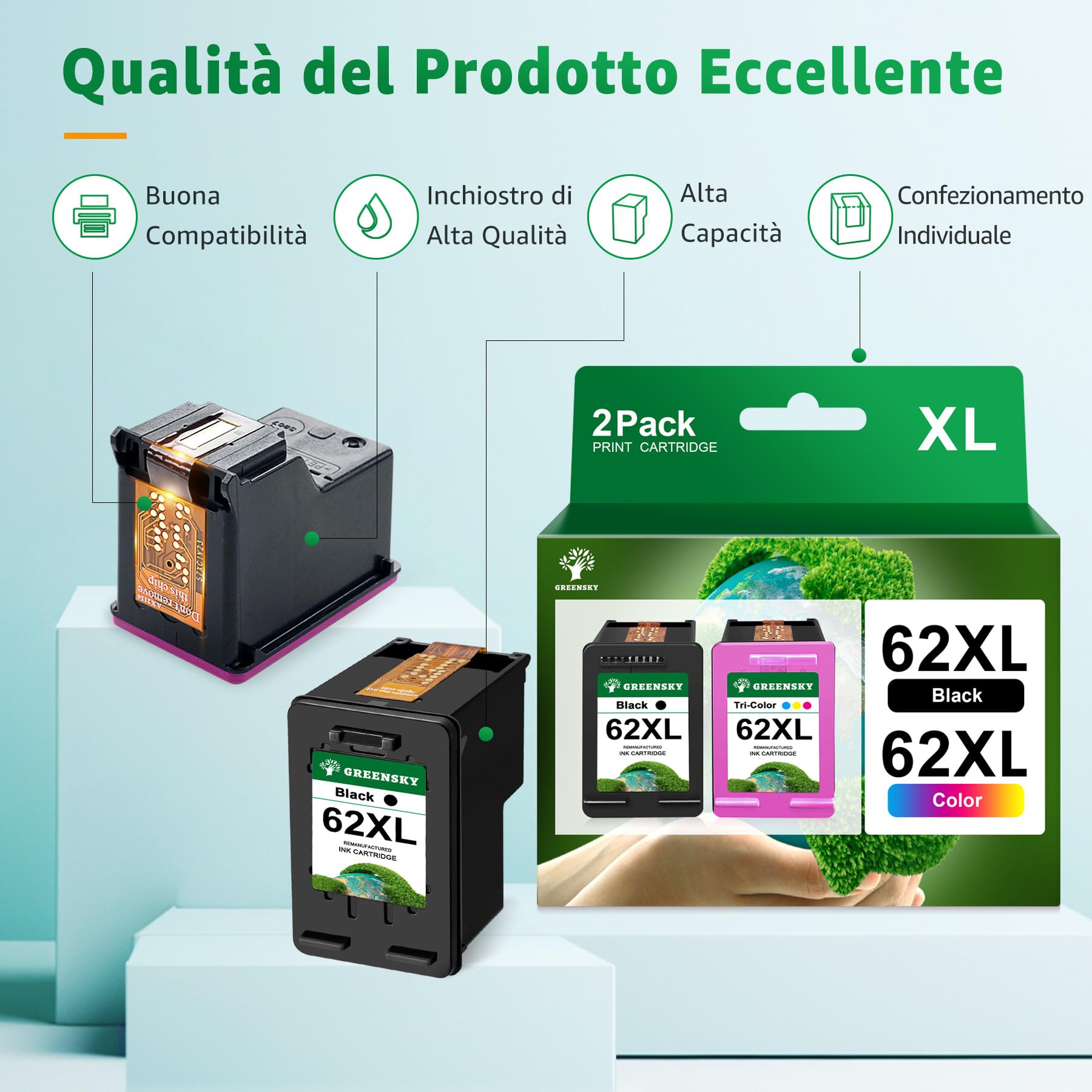 GREENSKY 62XL Cartuccia d'inchiostro Sostituzione Cartucce HP 62 Nero e Colore per HP 62XL HP62 HP 62 XL Cartucce per HP Envy 5540 5740 7640 5640 5547 Officejet 5740 200 250 (1 Nero,1 Tri-Colore)