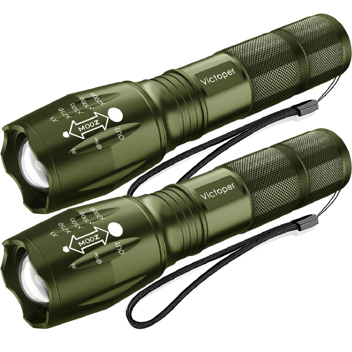 Victoper LED Flashlight 2 Pack Green, Bright Tactical Torch High Lumens 5 Modes, Waterproof Zoomable Flash Light for Outdoor, Birthday Gifts for Men, Dorm Room Hiking Camping Essentials Gear for Guys