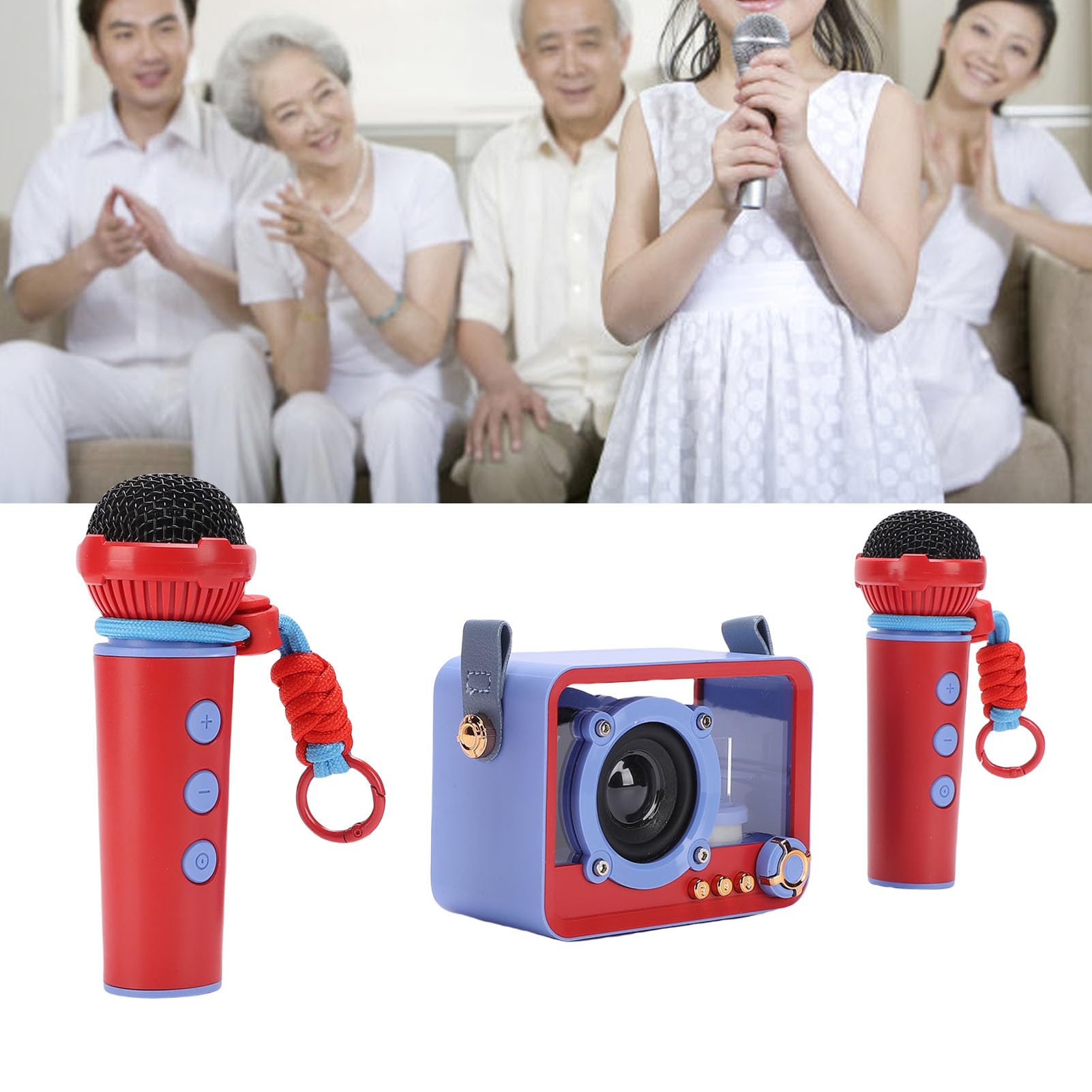 Machine de karaoké, Mini Haut-Parleur de karaoké Portable avec 2 Microphones sans Fil pour Les Fêtes à la Maison, Filles et Garçons (Blue)
