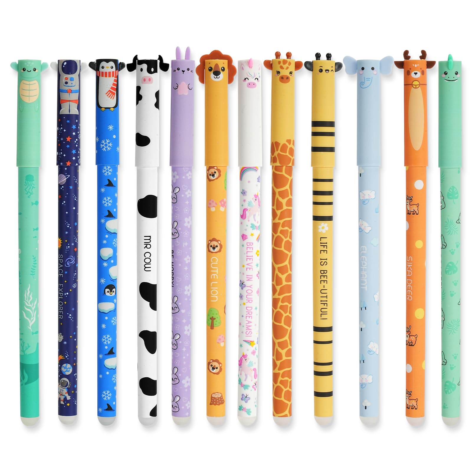 AUAUY Juego de 12 Bolígrafos de Gel Borrables, con Tinta de Borrado Termosensible, Punta de 0,7 mm, 8 tinta de y una gama, con Adorables Dibujos de Animales, Ideales para Papelería y Oficina