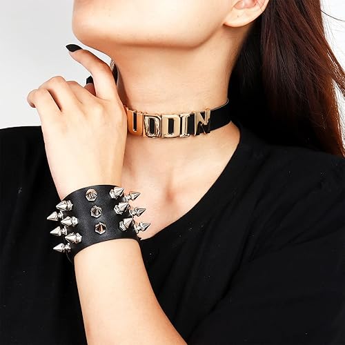 Miniatura 3 de HUASAI Puddin - Juego de gargantilla y pulsera, joyería gótica de Halloween, collar de cuero punk, collar de cuero, pulsera de espigas, disfraces