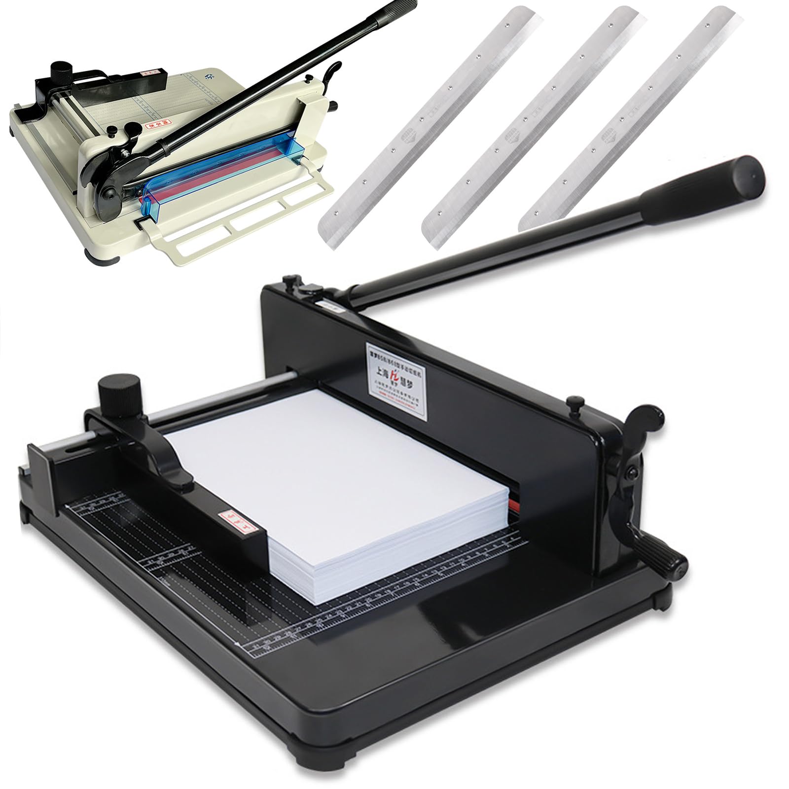 Guillotine Papierschneider, A3, industrieller Trimmer, schneidet bis zu 400 Blatt, 12 Blatt Kapazität, Sicherheitsschutz, Klingenverriegelung, inklusive 3 Ersatzklingen für Karton und Laminieren