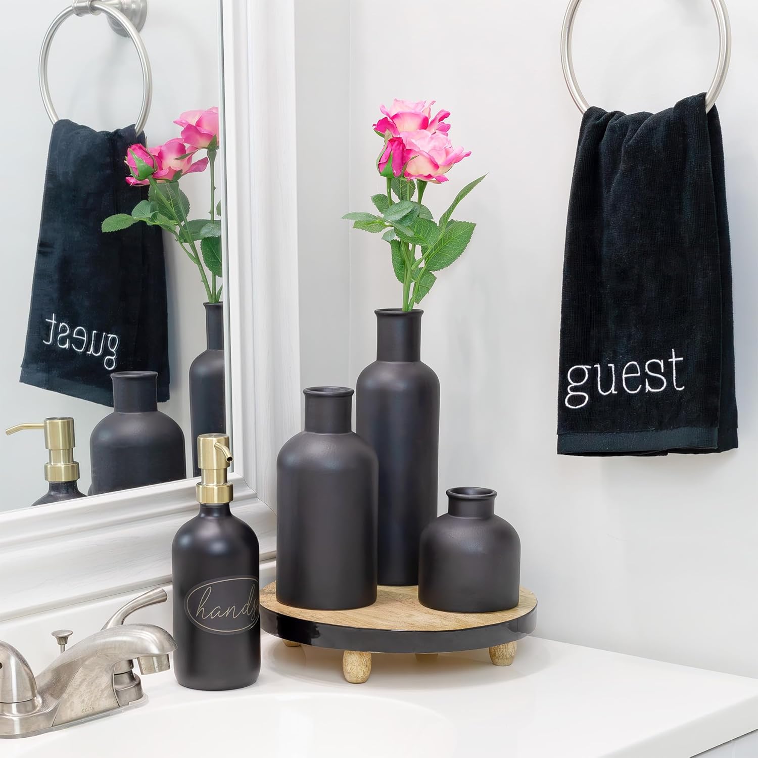 AuldHome Design Black Ceramic Vases (Set of 3); Matte Black Decorative Pottery Vases