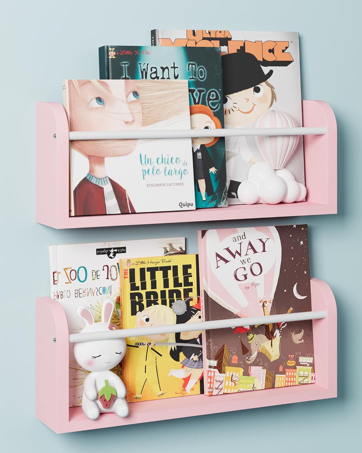 Tall Nursery Floating Shelves for Wall, 2-Pack Pink Book Shelf for Kids Rooms, Nursery Furniture Ideal for Kids & Toddler, Child-Safe Edges & Space-Saving Wall Mount