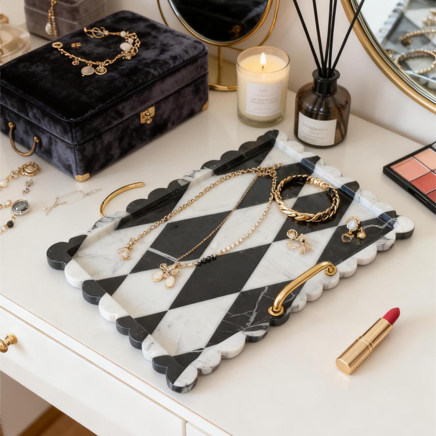 Handcrafted Natural Marble Tray with Fan-Shaped Edge, Scalloped Rectangle Luxury Vanity Tray for Bathroom Kitchen Counter, Decorative Tray for Dresser Home Decor (large mosaic marble, 11.8*7.87inch)