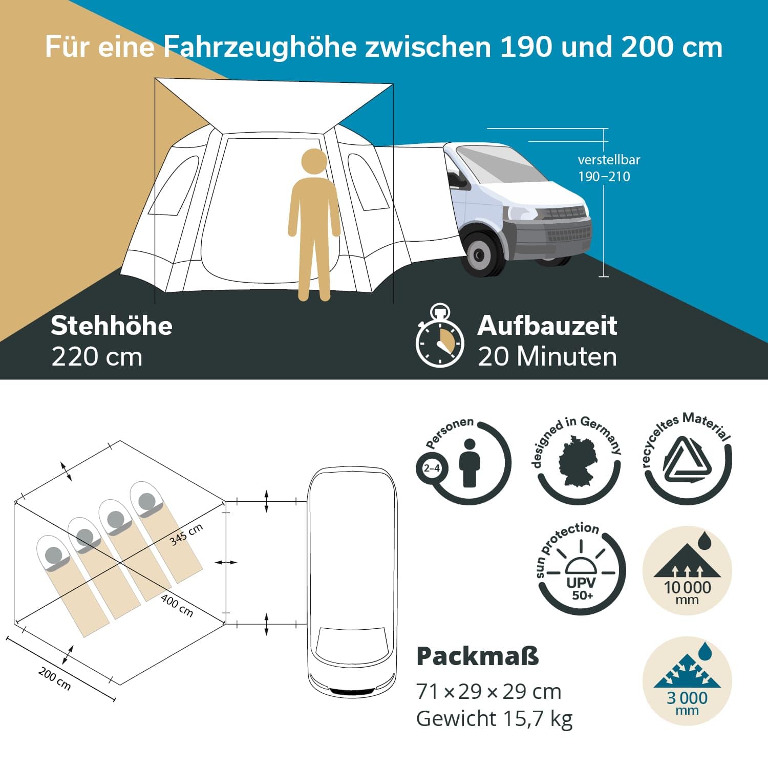 Skandika Busvorzelt Pitea Dome Protect | Freistehend, 2-4 Personen, Stehhöhe 2,2 m, 10,4 m² Wohnbereich, 3 Eingänge, Folienfenster, Moskitonetz, 3000 mm Wassersäule | Zelt für Auto, Bus, Van, Bulli