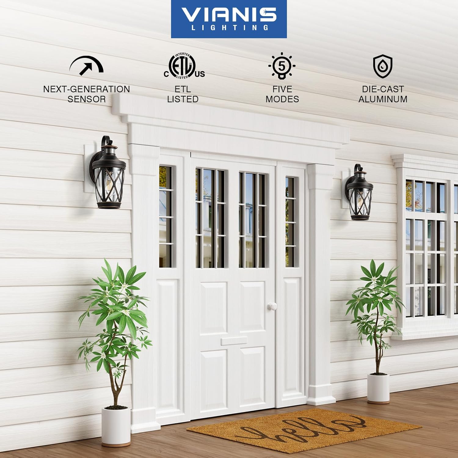 VIANIS Motion Sensor Outdoor Porch Lights, Modern Dusk to Dawn Exterior Wall Light Fixtures, Oil Rubbed Bronze Gold Trim Wall Lanterns for Garage, Waterproof Coach Lights with Adjustable Sense Range
