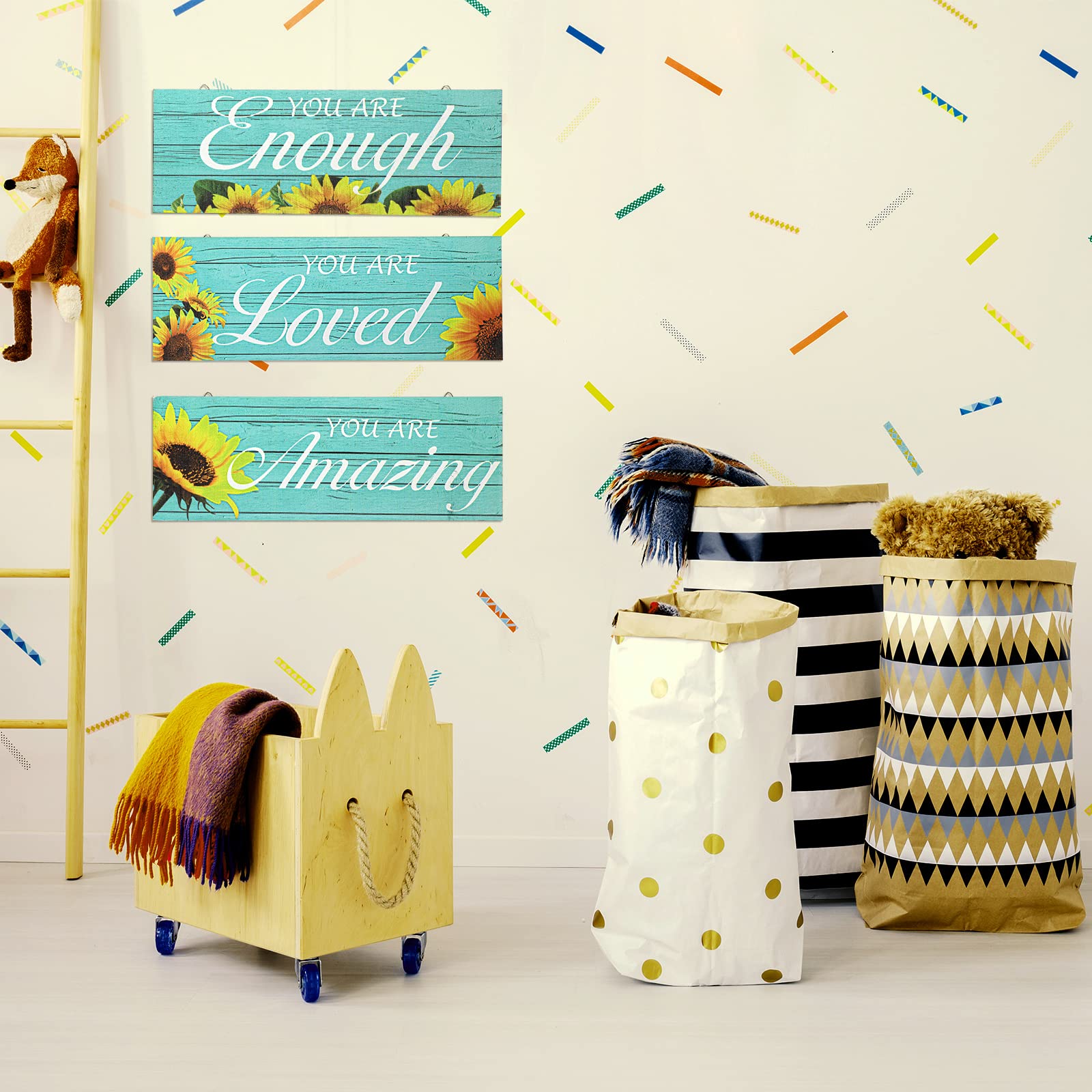 4 piezas de decoración de pared de girasol con texto en inglés You are Loved, decoración inspiradora de girasol, decoración de baño, turquesa, granja, arte de pared, letrero de madera 6