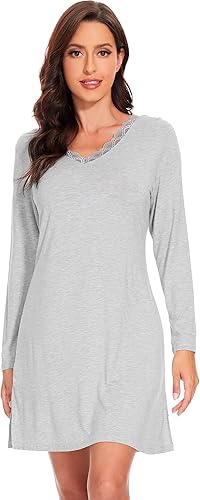 WiWi Camisones de viscosa de bambú para mujer, camisas de dormir de manga larga, pijamas suaves S-XXL