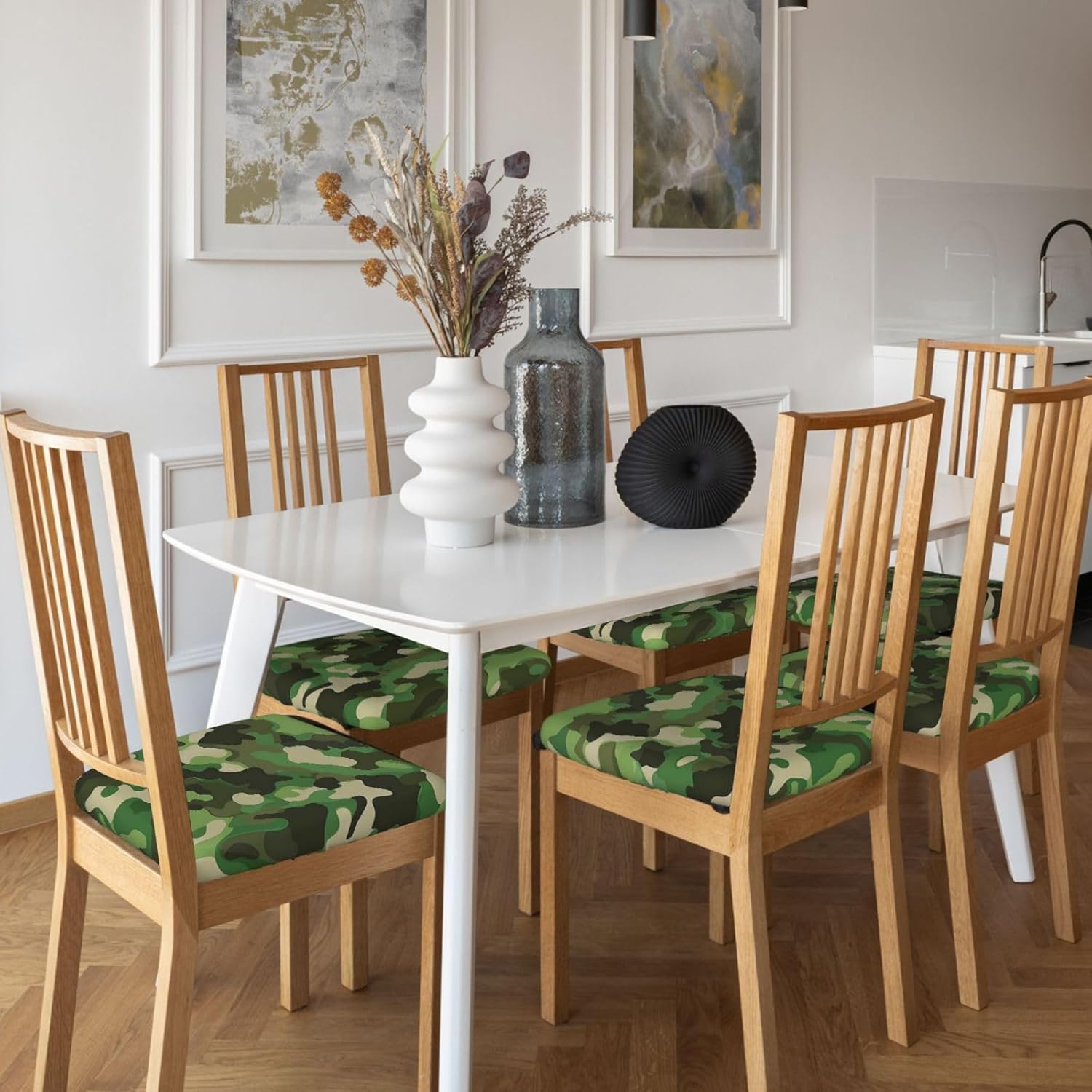 Green Camouflage Print Square Cushion Covers 6 Pcs Set Elastic Non-Slip Seat Cushion Slipcovers Pet Furniture Protectors for Chair, Sofa