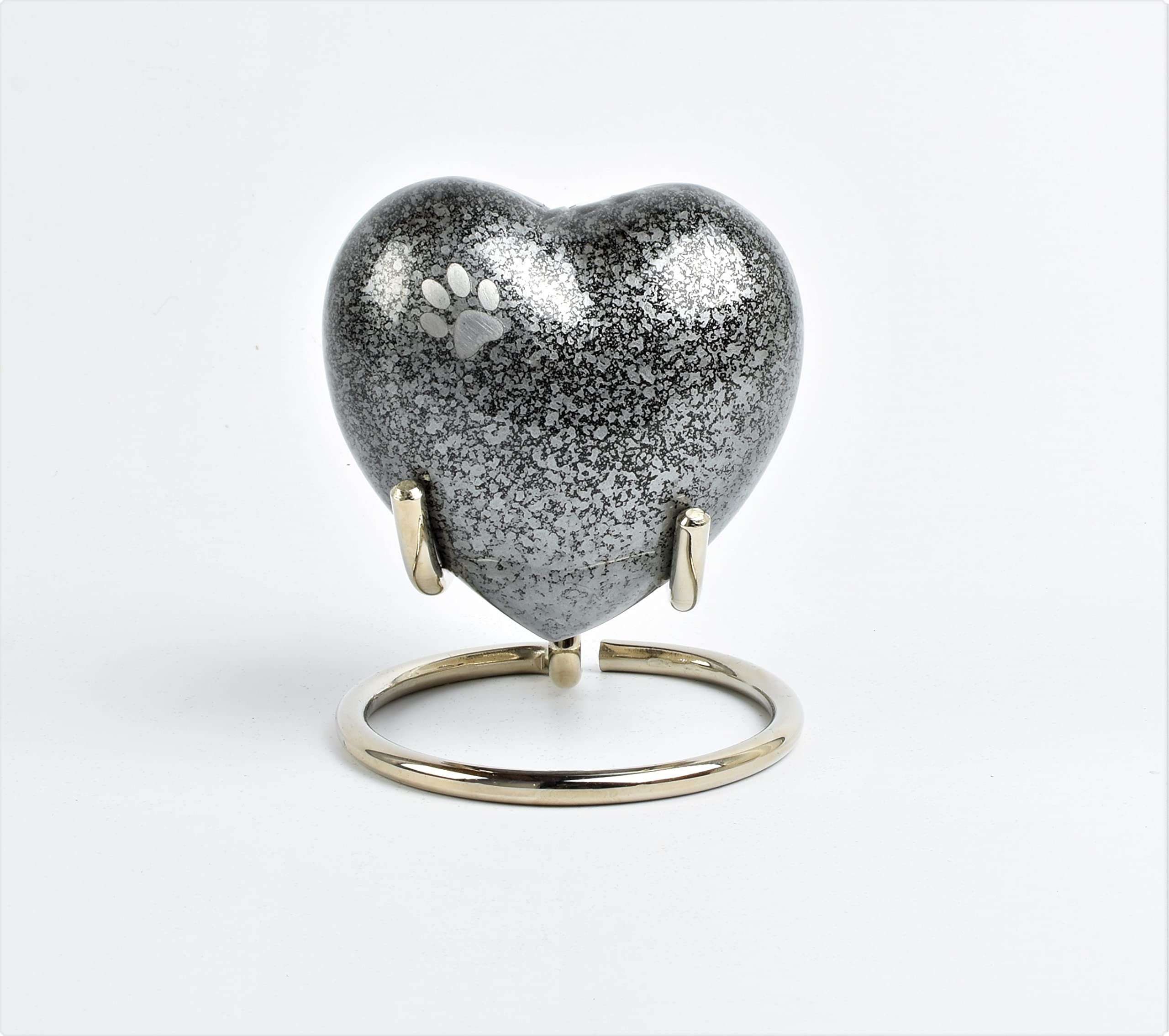 Mini Heart Pet Cremation Keepsake Urn with Paw Print – Aluminium Token Ashes Holder for Dog & Cat Remembrance, 3-Inch Mini Urn with Silver Stand & Velvet Box (Grey)